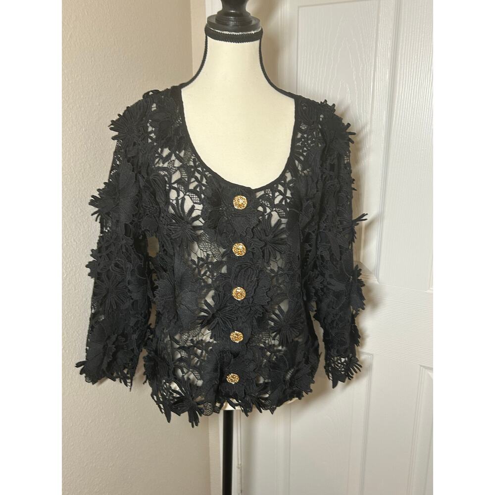 Boston Proper Decorative Black Floral Appliqué Cardigan Jacket